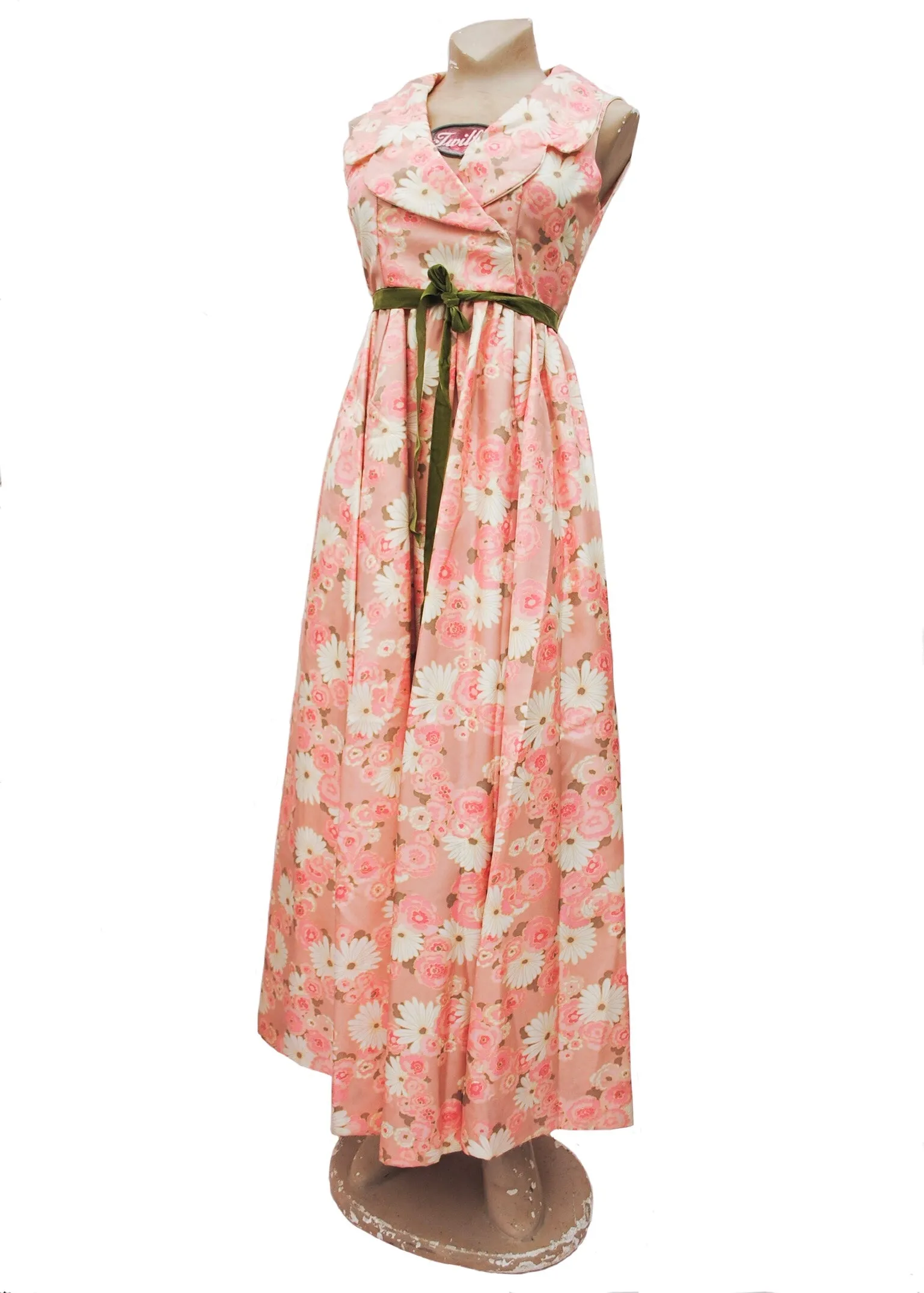 Vintage 60s Pink Floral Empire Line Maxi Gown • Bridgerton Regency Style