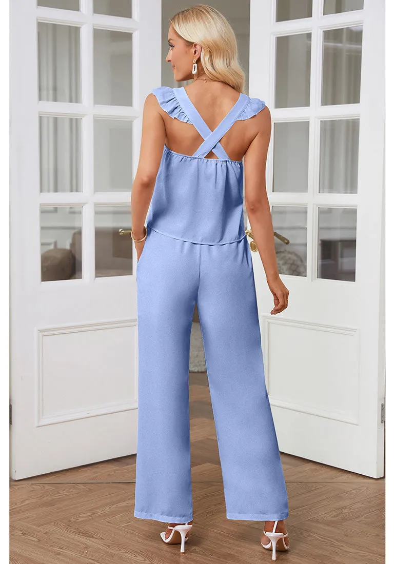 Whispy Blue Women's 2 Piece Sets Flowy Square Neck Top Wide Leg Pants Vacation Two Piece Outfits