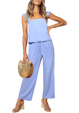 Whispy Blue Women's 2 Piece Sets Flowy Square Neck Top Wide Leg Pants Vacation Two Piece Outfits