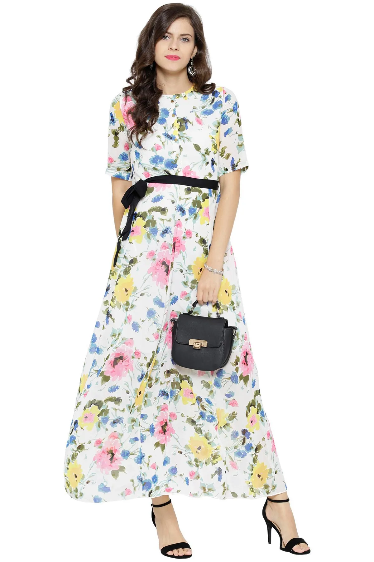 White Floral Belted Maxi Dress