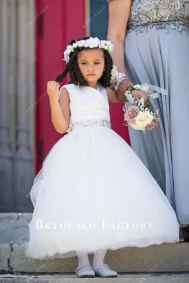 White Ruched Sleeveless Flower Girl Ballgown