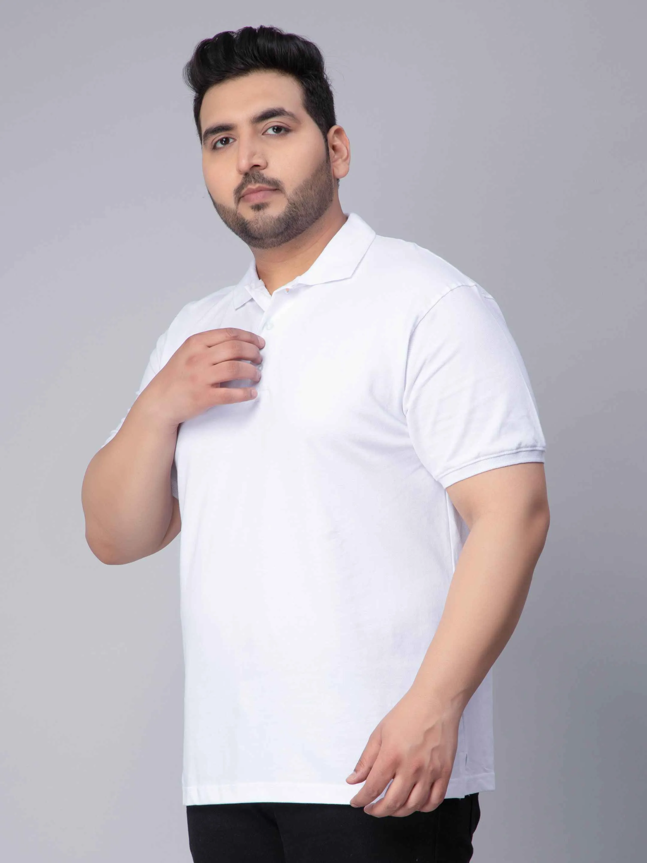 White Solid Unisex Plus Size Polo T-shirt