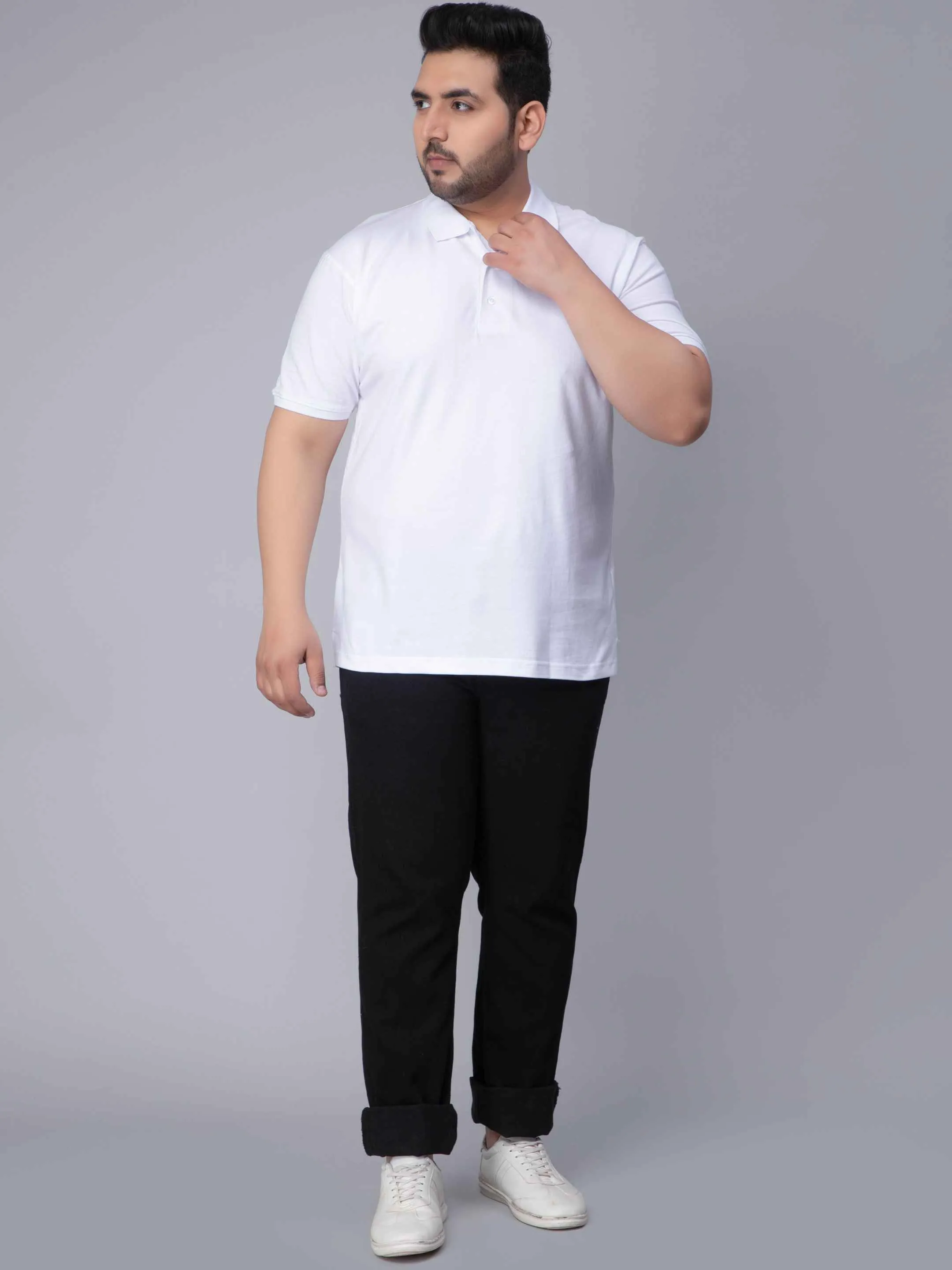 White Solid Unisex Plus Size Polo T-shirt