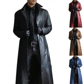 Wiaofellas Men's Winter Coat Faux Leather Jacket Party Business Winter Fall Faux Leather Windproof Warm Outerwear Clothing Apparel Artistic / Retro Cosplay Pure Color Pocket Turndown Single Breasted