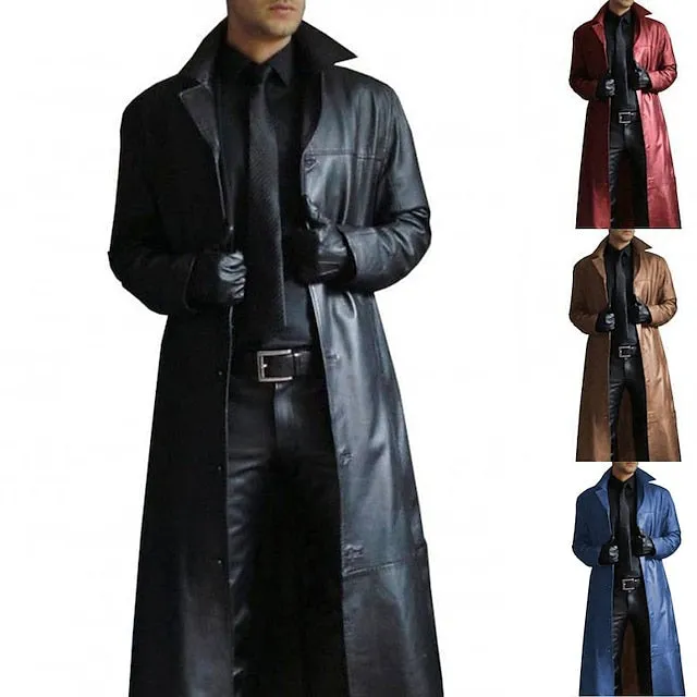 Wiaofellas Men's Winter Coat Faux Leather Jacket Party Business Winter Fall Faux Leather Windproof Warm Outerwear Clothing Apparel Artistic / Retro Cosplay Pure Color Pocket Turndown Single Breasted