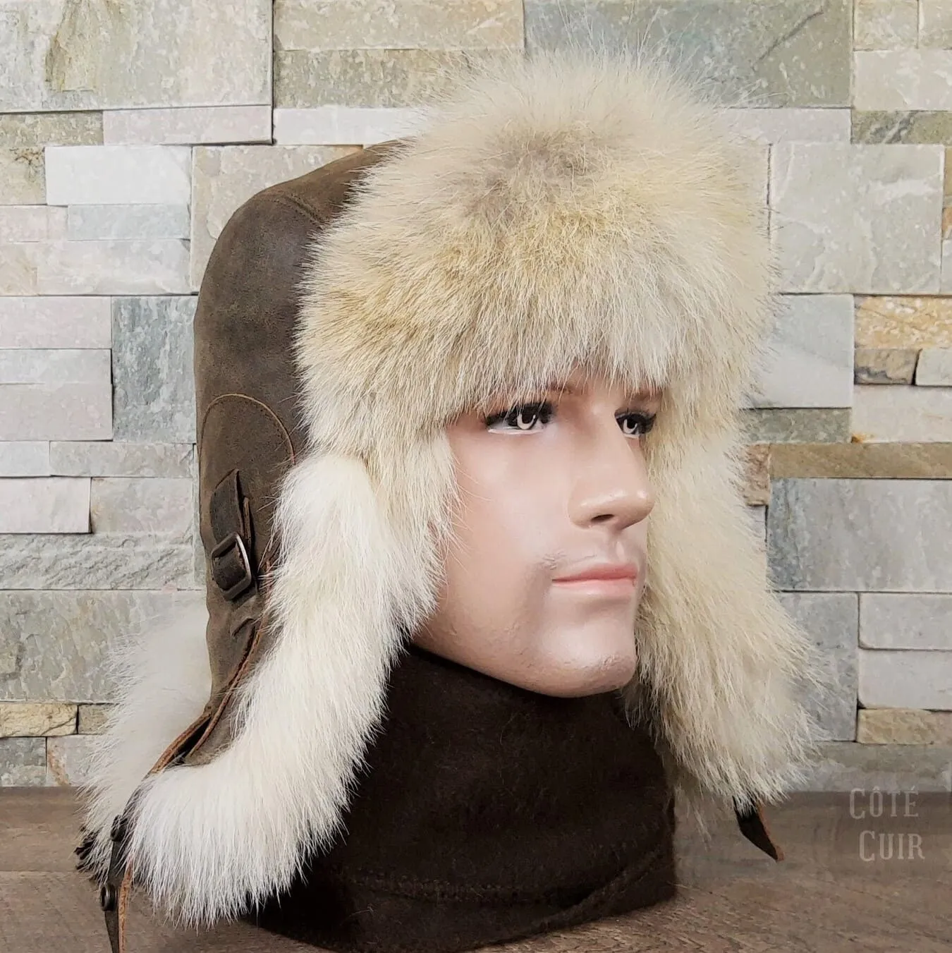 Wolf Fur Aviator Hat, Antique Brown Leather - Simon Model