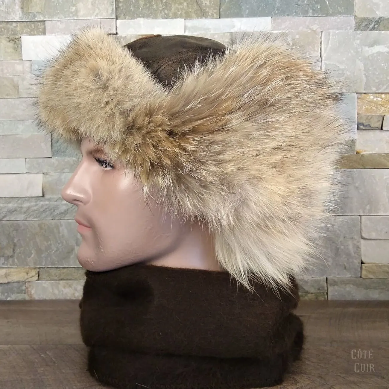 Wolf Fur Aviator Hat, Antique Brown Leather - Simon Model