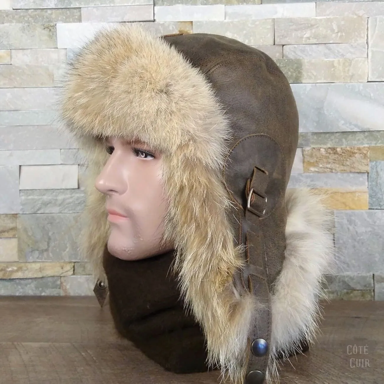 Wolf Fur Aviator Hat, Antique Brown Leather - Simon Model