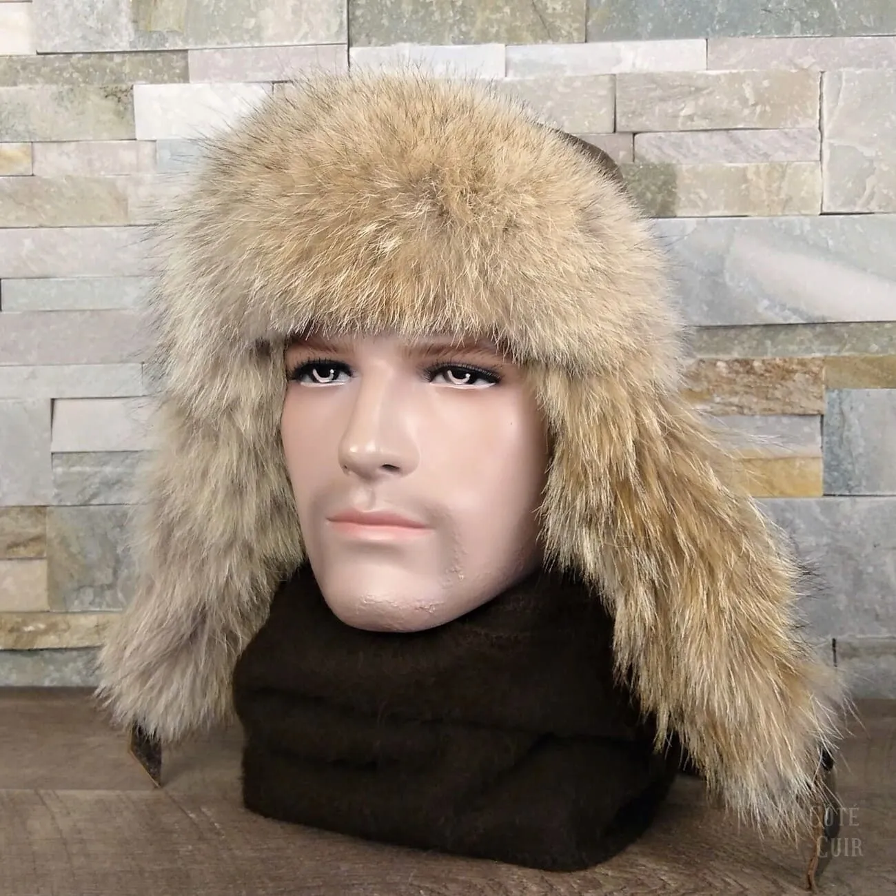 Wolf Fur Aviator Hat, Antique Brown Leather - Simon Model