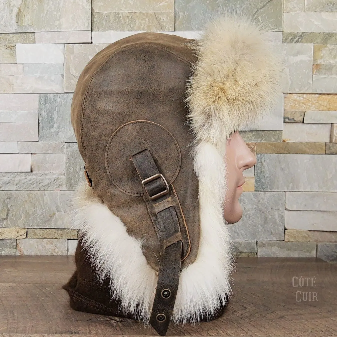 Wolf Fur Aviator Hat, Antique Brown Leather - Simon Model