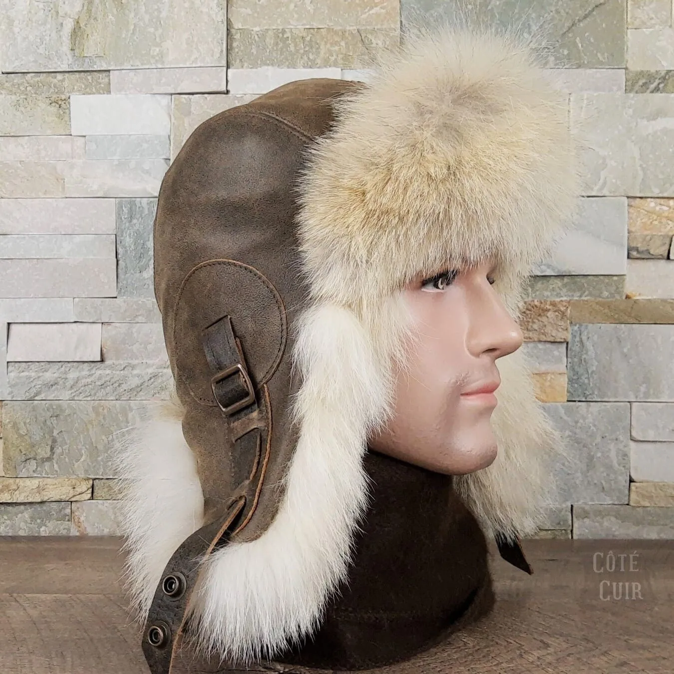 Wolf Fur Aviator Hat, Antique Brown Leather - Simon Model