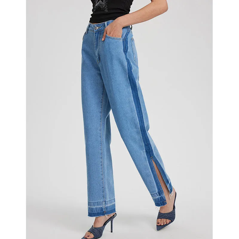 Women Clothing Fashionable Retro Casual High Waisted Trousers Foot Split Straight Denim Trousers