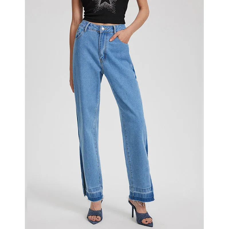 Women Clothing Fashionable Retro Casual High Waisted Trousers Foot Split Straight Denim Trousers