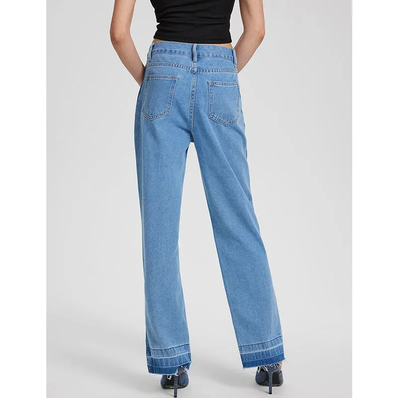 Women Clothing Fashionable Retro Casual High Waisted Trousers Foot Split Straight Denim Trousers