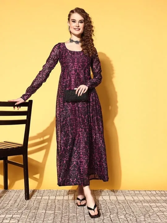 Women Pink Chanderi Floral Anarkali Maxi Dress